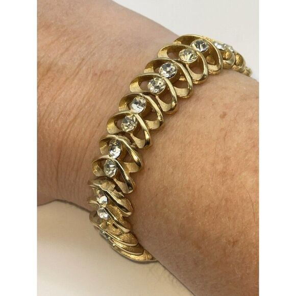 Crown Trifari Gold-Tone Clear Rhinestone Bracelet Signed - Picture 1 of 14